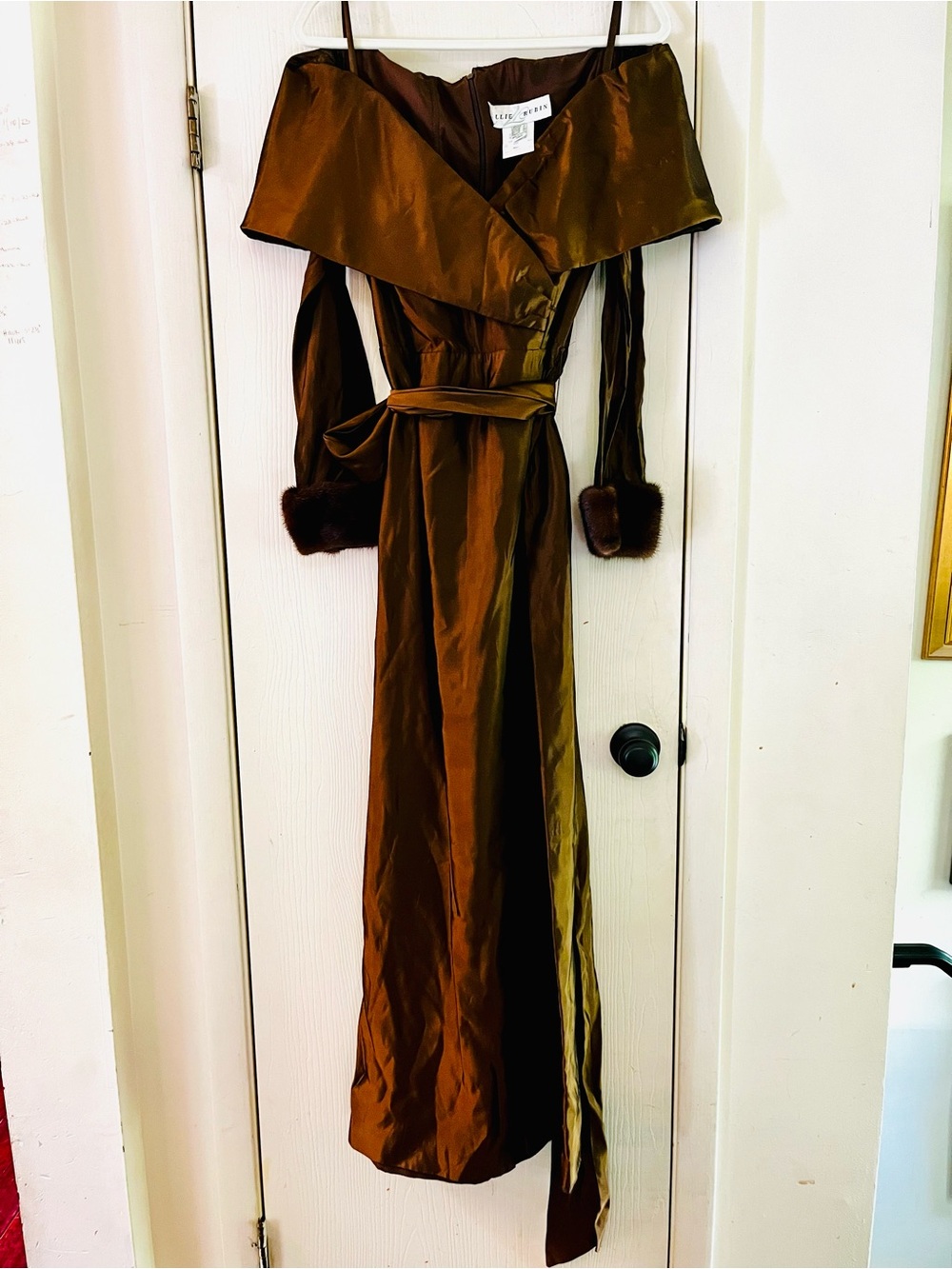 VTG Lilli Rubin Victorian Chocolate Satin Fur Trimmed Mother Of The Bride Gown